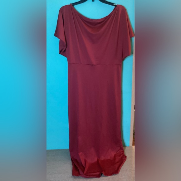 One Off The Shoulder Ruched Wrap Front Split Hem Draped Midi Dress Size Large - Picture 5 of 16